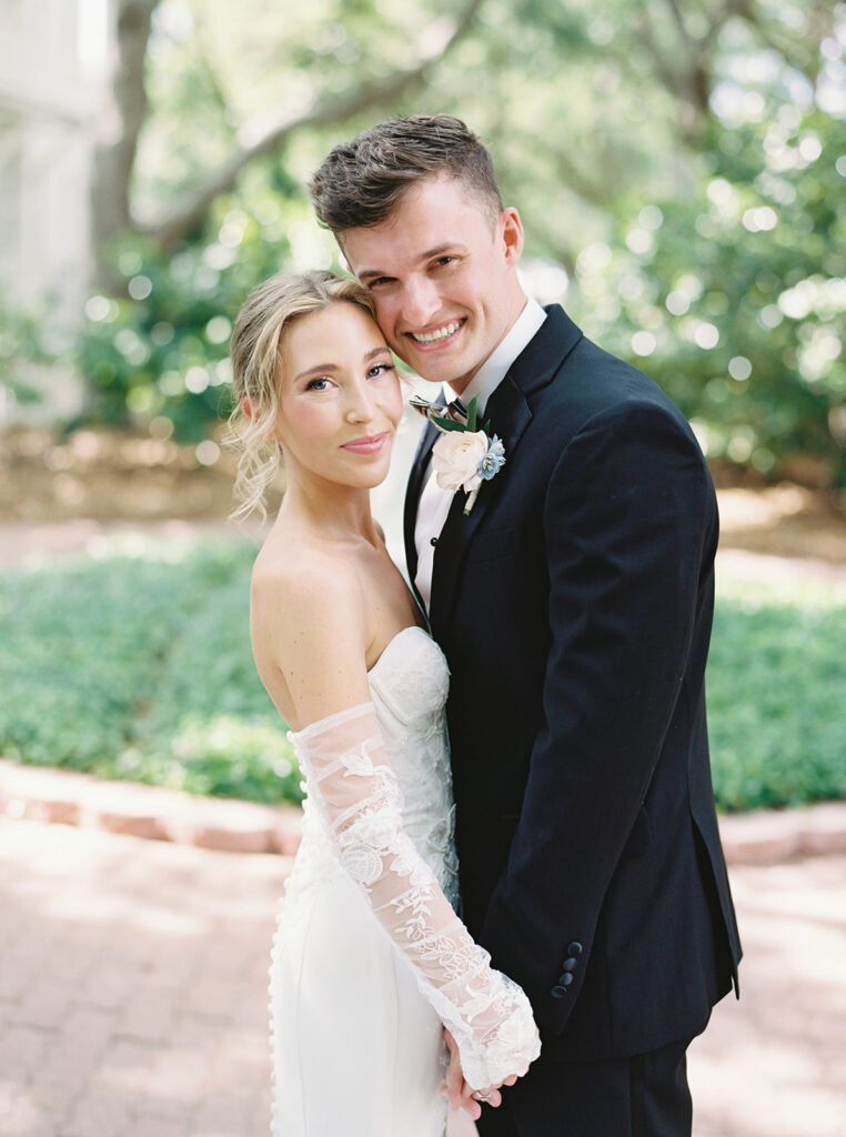 bride and groom together at their garden wedding at carillon