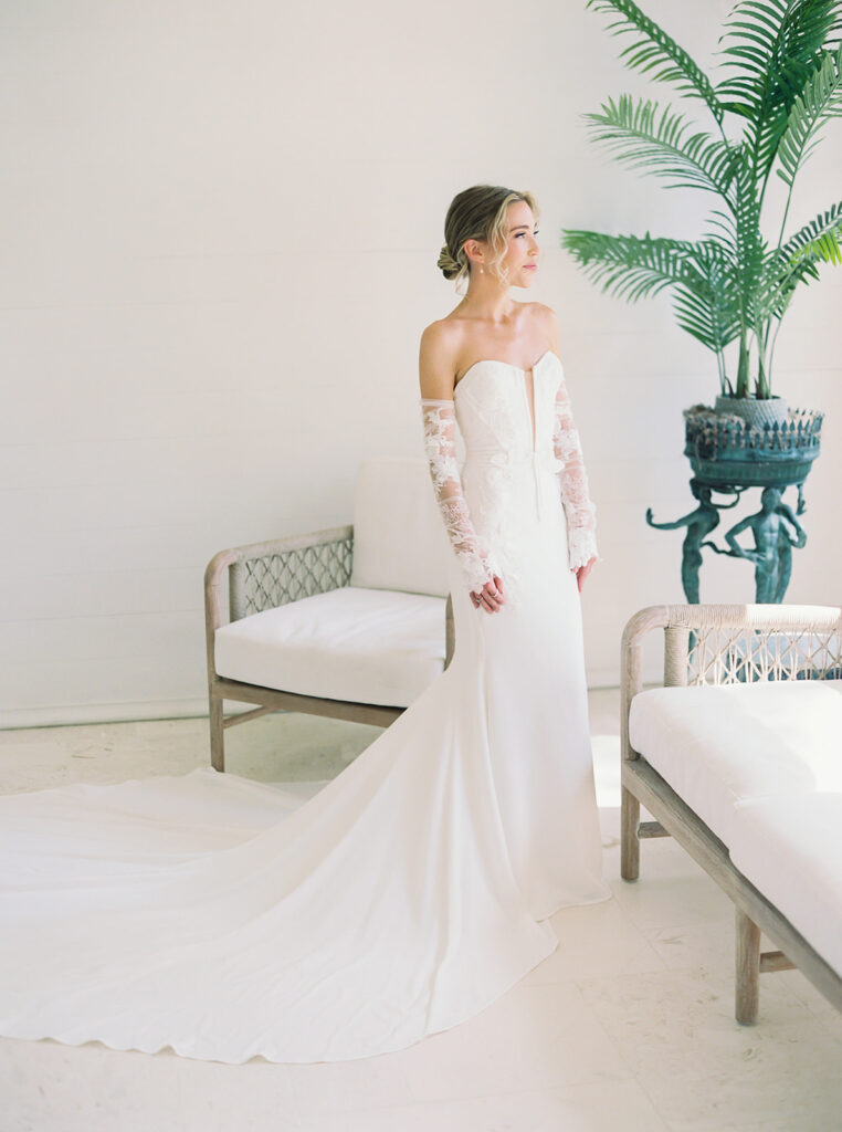 bride in her wedding dress at garden wedding at carillon 