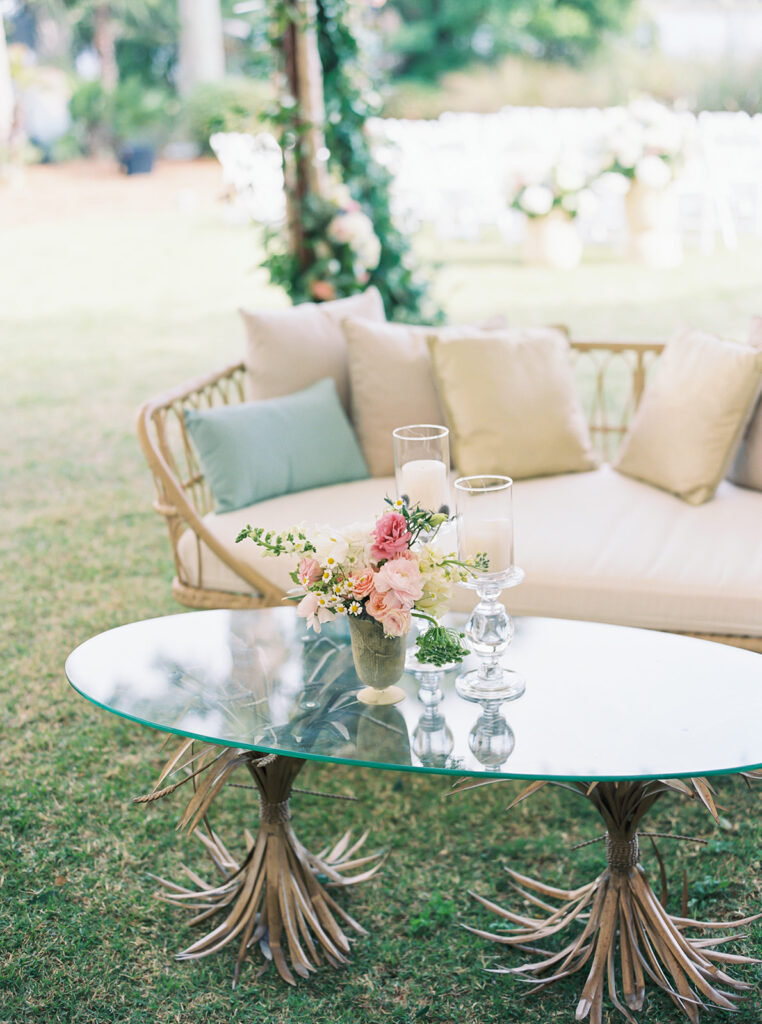 cocktail hour seating space at garden wedding at carillon 