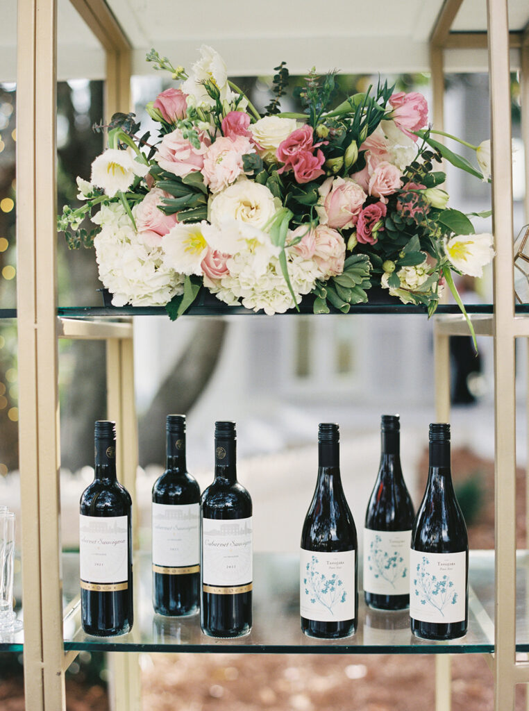 wine and flowers at garden wedding at carillon 