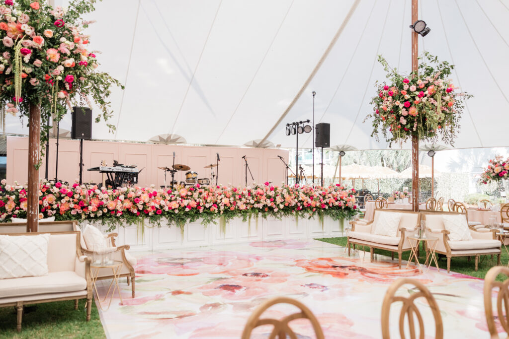 reception space and floral detail at coastal wedding