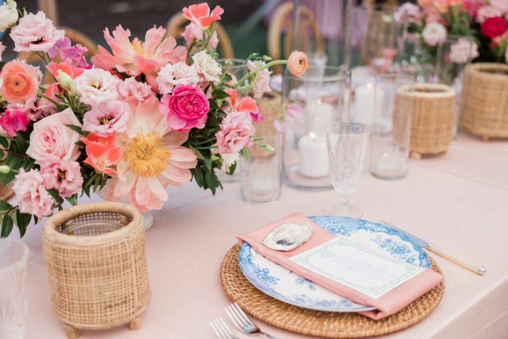 detailed tablescape at meeting house wedding in carillon Florida 30A