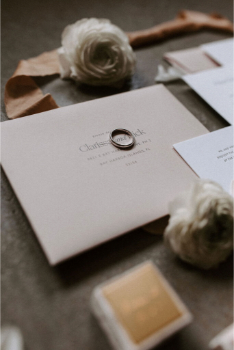 flat lay detail shot wedding invitation